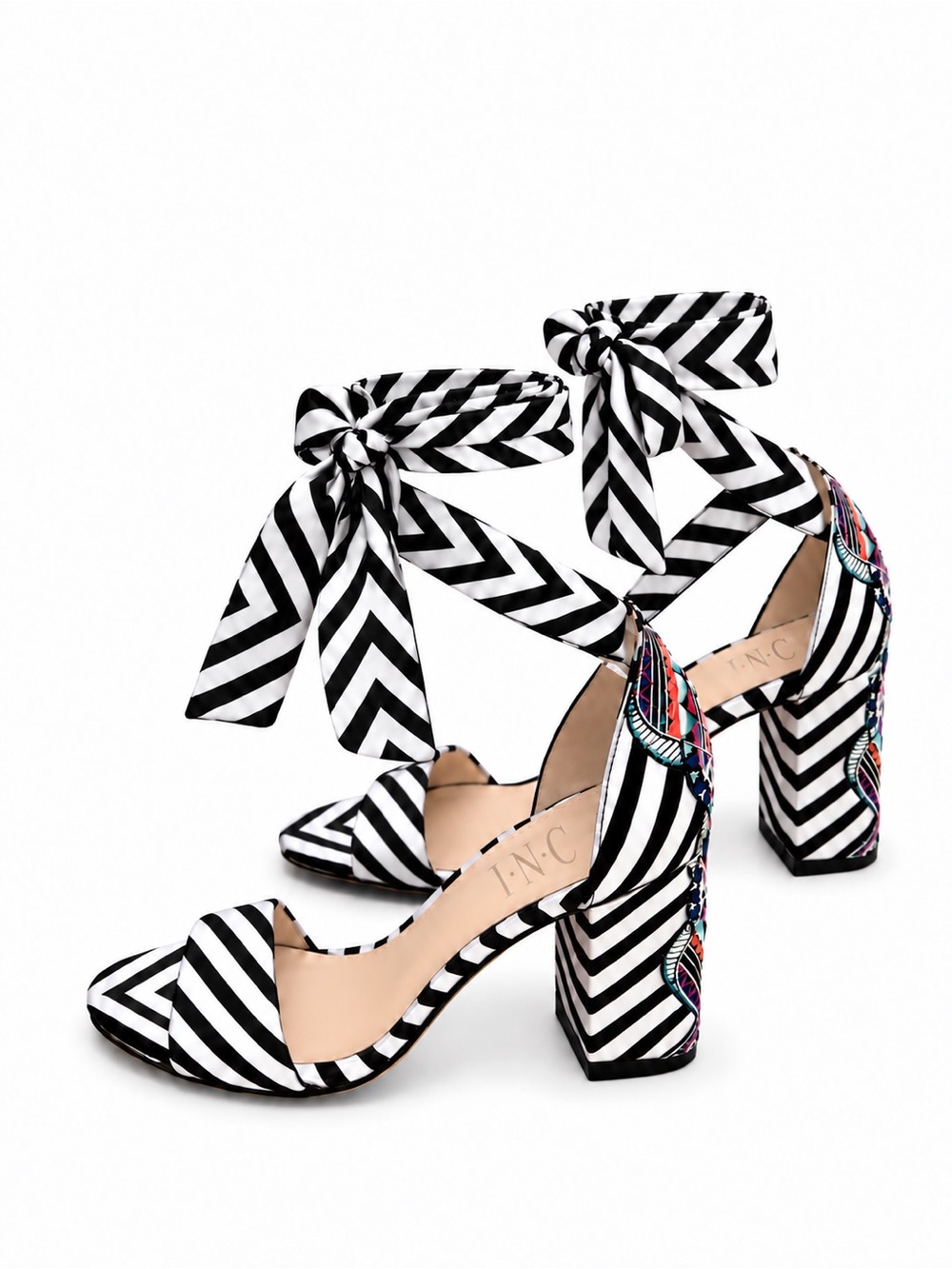 INC Kanata Black & White Striped Embroidered Tribal Ankle-Tie Heels 7M Size 7